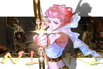 1girl armlet arrow_(projectile) bare_shoulders beads border bow_(weapon) bracelet brown_eyes character_name chinese_commentary cloak closed_mouth commentary_request crop_top determined drawing_bow eyelashes floating_cape floating_hair fringe_trim frown furrowed_brow glint gold_armlet gold_bracelet hair_beads hair_ornament halter_shirt halterneck highres holding holding_arrow holding_bow_(weapon) holding_weapon hood hood_down hooded_cloak infinity_nikki jewelry letterboxed light_blush light_particles looking_at_viewer midriff navel nikki_(nikki) nikki_(series) outside_border pink_hair rock shirt short_hair solo turan_yuhaoda underground upper_body weapon white_border white_cloak white_shirt