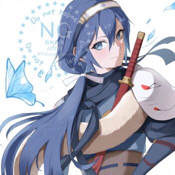 Rule 34 | 1girl, blue eyes, blue hair, brand of the exalt, bug, butterfly, closed mouth, fire emblem, fire emblem awakening, fire emblem heroes, forehead protector, from behind, hair between eyes, highres, insect, long hair, lucina (fire emblem), lucina (ninja) (fire emblem), mask on shoulder, nintendo, official alternate costume, ponytail, smile, symbol in eye, tchaiko waltz, upper body, white background