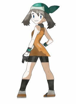 1girl absurdres bandana bike_shorts bike_shorts_under_shorts black_shorts black_socks blue_eyes brown_hair gloves green_bandana highres looking_at_viewer may_(pokemon) nintendo orange_shirt pokemon pokemon_emerald pokemon_rse shirt shoes short_hair shorts socks teeth user_vmrp8434 white_shoes