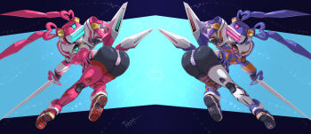 2girls android angelan armor ass asymmetrical_legwear black_skin breasts colored_skin fei-yen from_side heart heart-shaped_hair highres holding holding_sword holding_weapon looking_back medium_breasts mismatched_legwear multiple_girls panties pauldrons pink_hair pink_panties pochincoff pointy_breasts purple_hair purple_panties robot shoes shoulder_armor striped_clothes striped_legwear striped_panties striped_thighhighs sword thighhighs twintails underwear virtual_on visor weapon