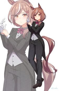 1girl animal_ears black_jacket black_pants blush bow bowtie breasts brown_hair butler closed_mouth collared_shirt gloves grey_shirt hair_ornament hairclip highres horse_ears horse_girl horse_tail jacket long_hair long_sleeves looking_at_viewer masaki_(masaki_470) matikanetannhauser_(umamusume) multicolored_hair pants red_bow red_bowtie shirt single_glove streaked_hair tail umamusume white_gloves yellow_eyes zoom_layer