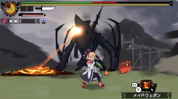 1girl ameno_sagiri_(artist) blonde_hair blue_archive breath_weapon breathing_fire character_name crossover dragon fire fleeing flying_sweatdrops gameplay_mechanics gogmazios halo heads-up_display health_bar highres momoi_(blue_archive) monster_hunter_(series) mountain o_o open_mouth parody petroleum running skirt teardrop thighhighs user_interface