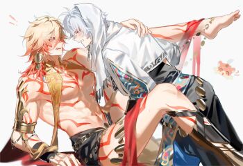 ! !! 2boys alternate_costume barefoot black_pants blush braid chimera_(honkai:_star_rail) grey_hair highres honkai:_star_rail honkai_(series) male_focus medium_hair multiple_boys muscular muscular_male mydei_(honkai:_star_rail) open_mouth orange_hair pants phainon_(honkai:_star_rail) profile red_tattoo short_hair single_braid suirandanshihao teeth yaoi