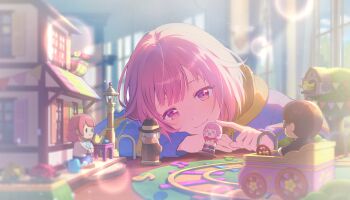 1girl banner bird blurry blurry_background bokeh closed_mouth colorful_festival_(project_sekai) colorful_palette depth_of_field game_cg highres looking_at_viewer musical_note official_art ootori_emu ootori_hinata ootori_keisuke_(project_sekai) ootori_rakunosuke pink_eyes pink_hair project_sekai railroad_tracks smile solo third-party_source toy tree window