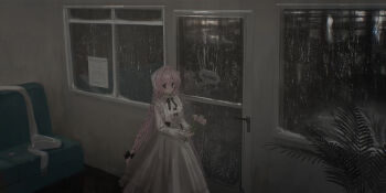 1girl absurdres black_bow bow braid chihuri closed_mouth commentary_request door dress flower fringe_trim hair_between_eyes hair_bow highres holding holding_flower indoors long_sleeves nea_(chihuri) night original pink_flower pink_hair plant puffy_long_sleeves puffy_sleeves purple_eyes scarf shirt sleeveless sleeveless_dress sleeves_past_wrists snow solo twin_braids unworn_scarf white_dress white_scarf white_shirt window