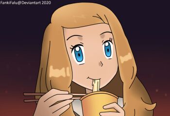 1girl animated animated_gif artist_name bare_shoulders black_shirt blonde_hair blue_eyes chopsticks clenched_hands collared_shirt eating eyelashes fankifalu female_focus fingernails food gradient_background hands_up happy holding long_hair looking_ahead neck nintendo no_headwear noodles open_mouth pokemon pokemon_(anime) pokemon_xy_(anime) serena_(pokemon) shirt sidelocks sleeveless sleeveless_shirt swept_bangs upper_body