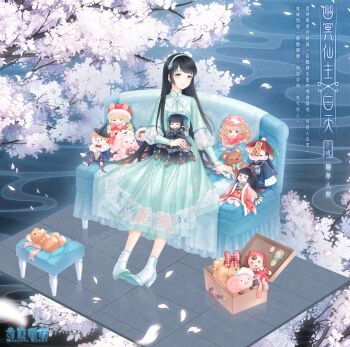Rule 34 | 1girl, aqua dress, aqua flower, aqua shoes, artist request, black hair, blue eyes, blue hairband, blue sky, bow, bowtie, brooch, character name, cherry blossoms, chinese clothes, chinese text, closed mouth, collared dress, copyright logo, couch, day, doll, dot nose, dress, falling petals, flower, flower brooch, full body, hair ornament, hairband, happy, high collar, high heels, highres, holding, holding doll, jewelry, lips, logo, long hair, long sleeves, looking at viewer, mandarin collar, medium dress, miracle nikki, nikki (series), official art, ofuda, on couch, outdoors, outline, petals, pink flower, pleated dress, puffy long sleeves, puffy sleeves, pumps, shoes, sitting, sky, smile, smoke, socks, solo, sphere hair ornament, stool, straight hair, stuffed animal, stuffed toy, suitcase, teddy bear, third-party source, tile floor, tiles, translation request, tree, underworld lord (miracle nikki), very long hair, white bow, white bowtie, white outline, white socks