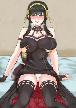 1boy 1girl absurdres age_difference bed blush breasts grabbing_another's_breast grabbing_from_behind green_hair groping highres huge_breasts looking_at_viewer molestation on_bed open_mouth red_eyes shota sitting size_difference spy_x_family sweat yor_briar