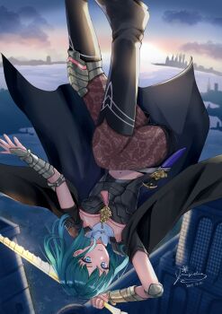 1girl absurdres armor black_armor black_boots black_coat black_shirt black_shorts blue_eyes blue_hair boots breasts brown_pantyhose bustier closed_mouth clothing_cutout cloud cloudy_sky coat commentary_request dagger female_byleth_(fire_emblem) fire_emblem fire_emblem:_three_houses hair_between_eyes highres holding holding_sword holding_weapon knee_boots knee_pads knife large_breasts long_hair looking_at_viewer mugitoro_(dsfv2277) navel navel_cutout nintendo outdoors pantyhose pantyhose_under_shorts patterned_legwear sheath sheathed shirt short_shorts short_sleeves shorts sidelocks signature single_knee_pad sky solo sunrise sword sword_of_the_creator tassel upside-down vambraces weapon