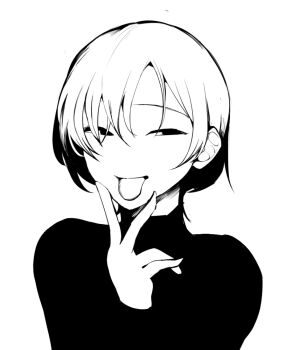 Rule 34 | 1girl, commentary request, empty eyes, greyscale, long sleeves, looking at viewer, monochrome, no nose, original, sadahiro (chicken nugget gyuuniku aji), short hair, simple background, solo, sweater, tongue, tongue out, turtleneck, turtleneck sweater, upper body, v