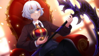 1boy 60mai ahoge black_jacket black_necktie black_pants blue_eyes blue_sweater commentary_request commission crown eyepatch holding holding_crown holding_scythe indie_virtual_youtuber jacket medical_eyepatch necktie pants payton_solaire scythe shirt short_hair sitting skeb_commission solo sweater virtual_youtuber white_hair white_shirt