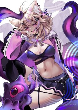 1girl ahoge alheitrakzoth animal_ear_fluff animal_ears black_choker black_thighhighs blonde_hair breasts cat_ears cat_girl cat_tail choker crop_top facial_mark geechiis_artworks highres indie_virtual_youtuber looking_at_viewer medium_breasts multicolored_hair navel open_mouth pleated_skirt purple_hair red_eyes shrug_(clothing) shyrei_faolan skirt streaked_hair tail tentacles thighhighs virtual_youtuber whisker_markings