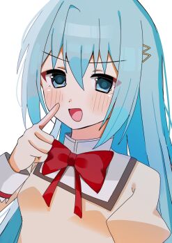 1girl alternate_hair_length alternate_hairstyle blue_eyes blue_hair bow bowtie commentary hair_ornament hairclip highres index_finger_raised long_hair looking_at_viewer mahou_shoujo_madoka_magica mahou_shoujo_madoka_magica_(anime) miki_sayaka mitakihara_school_uniform open_mouth puffy_sleeves rate11717991 red_bow red_bowtie school_uniform simple_background solo upper_body white_background