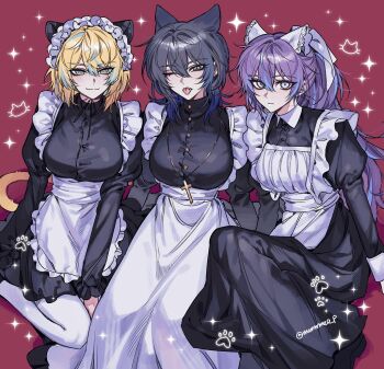 3girls :3 ;p alternate_costume animal_ears apron artist_name black_dress blonde_hair blue_eyes blue_hair breasts buttons cat_ears cat_girl cat_tail closed_mouth collared_dress commentary_request cross cross_necklace dress enmaided expressionless eyelashes fang frilled_apron frilled_dress frills genderswap genderswap_(mtf) gradient_hair grey_eyes grey_hair hair_between_eyes hair_ribbon hibachi_mana high_ponytail highres hoshirube_sho jewelry juliet_sleeves knee_up korean_commentary koyanagi_rou large_breasts long_hair long_sleeves looking_at_viewer maid maid_apron maid_headdress medium_hair multicolored_eyes multicolored_hair multiple_girls mummeo_p necklace nijisanji one_eye_closed pantyhose paw_print ponytail puffy_sleeves purple_hair ribbon short_hair sitting skin_fang smile sparkle streaked_hair tail tongue tongue_out twitter_username two-tone_eyes very_long_hair virtual_youtuber white_apron white_pantyhose white_ribbon wolf_cut