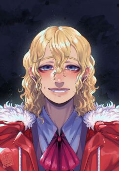 Rule 34 | 1boy, blackberreh-art, blonde hair, blue eyes, blush, bow, curly hair, design speculation, earrings, eyelashes, freckles, grin, highres, hoop earrings, jewelry, lips, long hair, male focus, michael shelley, shirt, smile, solo, teeth, the magnus archives
