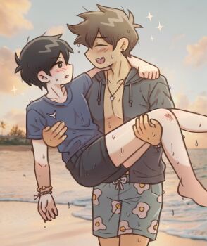 2boys absurdres alternate_costume antenna_hair arm_around_neck barefoot black_eyes black_hair black_jacket blue_sky blue_swim_trunks blush bracelet cloud collarbone commentary ear_piercing english_commentary hero_(faraway)_(omori) hero_(omori) highres hood hooded_jacket jacket jewelry male_focus multiple_boys necklace omori open_clothes open_jacket open_mouth parted_lips piercing setosexual short_sleeves sky smile sunny_(omori) teeth upper_teeth_only wet