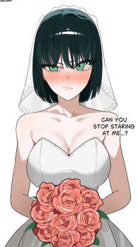Rule 34 | 1girl, bare shoulders, black hair, blush, bouquet, breasts, bridal veil, cleavage, collarbone, dress, flower, fubuki (one-punch man), green eyes, large breasts, one-punch man, solitary.apple, solo, veil, wedding dress