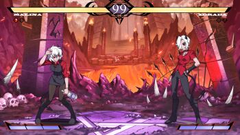 2girls alcohol battle bottle character_name commentary_request demon_girl demon_horns demon_tail drunk fighting_game fingerless_gloves formal_clothes gameplay_mechanics gloves health_bar helltaker holding holding_bottle horns kyo-hei_(kyouhei) malina_(helltaker) miniskirt multiple_girls pants pantyhose pencil_skirt red_eyes red_shirt scenery shirt short_hair skirt skull suit tail timer vodka zdrada_(helltaker)