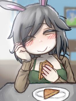 1girl absurdres animal_ears blush brown_jacket camisole closed_eyes closed_mouth collarbone food food_on_face green_camisole grey_hair hand_on_own_cheek hand_on_own_face highres holding holding_food holding_sandwich indoors jacket mentha_(menthalovely) mint_(menthalovely) open_clothes open_jacket original painting_(object) plate rabbit_ears sandwich short_hair smile solo table upper_body