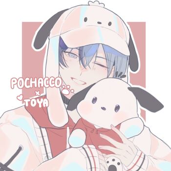 Rule 34 | 1boy, aoyagi touya, blue eyes, blue hair, character name, clenched teeth, commentary request, crossover, fingernails, hair between eyes, hands up, hat, highres, hood, hood down, hoodie, korean commentary, long sleeves, looking at viewer, male focus, mole, mole under eye, multicolored hair, official alternate costume, one eye closed, outline, parted lips, paw print, pochacco, pooding125, project sekai, red hoodie, sanrio, short hair, simple background, smile, split-color hair, teeth, two-tone hair, upper body, white hat, white outline