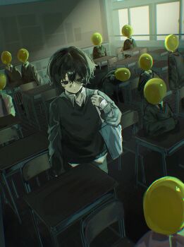 1boy 6+others absurdres bag black_eyes black_hair black_sweater chair classroom desk expressionless highres indoors john_m long_sleeves male_focus multiple_others object_head original school_bag school_chair school_desk short_hair sitting standing sweater window wing_collar