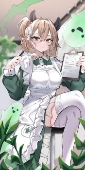 1girl animal_ears apron breasts brown_hair clipboard crossed_legs dress forever_moru green_dress green_eyes highres holding holding_clipboard holding_pen indie_virtual_youtuber large_breasts naplings_(nimi_nightmare) nimi_nightmare nimi_nightmare_(1st_costume) on_stool one_side_up pen sitting tapir_ears thighhighs virtual_youtuber white_apron white_thighhighs