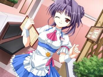 1girl doko_e_iku_no_ano_hi game_cg kanno_touko menu_board mogi_kazuha name_tag non-web_source one_eye_closed purple_hair red_eyes ribbon_trim side_ponytail skirt smile teeth waitress