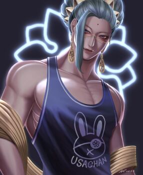 1boy absurdres animal_print bindi black_background blue_eyes blue_hair blue_tank_top buddha_(shuumatsu_no_valkyrie) closed_mouth collarbone crown crown_hair_ornament crown_ornament ear_piercing earrings facial_mark fangs floral_background forehead_mark glasses gold_crown gold_earrings green_hair hair_bun half-closed_eyes highres jewelry long_hair looking_at_viewer loose_hair_strand lower_teeth_only male_focus multicolored_hair muscular muscular_male pectoral_cleavage pectorals piercing pink_glasses rabbit_print rectangular_eyewear robe shuumatsu_no_valkyrie simple_background solo tagme tank_top teeth toned toned_male upper_body yellow_robe