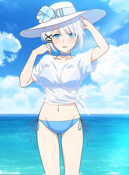 1girl bikini bikini_under_clothes blue_bikini blue_eyes breasts collarbone commentary_request hat highres koiwai_yotsuba_(vjje8548) looking_at_viewer medium_breasts navel open_mouth shirt side-tie_bikini_bottom siesta_(zero_no_tsukaima) stomach swimsuit swimsuit_under_clothes tantei_wa_mou_shindeiru tied_shirt white_hair white_hat
