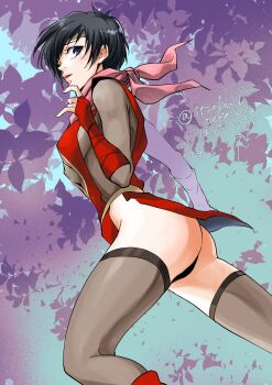 1girl ass black_hair blue_eyes breasts gensou_suikoden headband highres hnahoekaki kasumi_(suikoden) leaf looking_at_viewer ninja open_mouth scarf short_hair sideboob solo thighhighs underboob