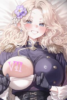1girl absurdres black_gloves blonde_hair blue_eyes blue_jacket blush breast_tattoo breasts brown_dust_(series) brown_dust_2 clenched_teeth darian_silverstein flower gloves hair_flower hair_ornament highres jacket large_breasts lying mochirong on_back roman_numeral solo tattoo teeth