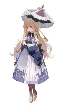 1girl blonde_hair blue_eyes boots dress full_body heterochromia hinata_(echoloveloli) holding holding_umbrella long_hair mary_clarissa_christie parasol print_dress shikkoku_no_sharnoth simple_background solo steampunk_(liarsoft) umbrella white_background yellow_eyes