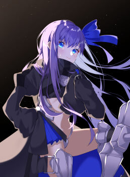 1girl absurdres armor armored_boots backlighting black_background black_jacket blue_eyes blue_ribbon boots brown_background closed_mouth crotch_plate crying crying_with_eyes_open fate/grand_order fate_(series) feet_out_of_frame floating_hair gradient_background hair_between_eyes hair_ribbon highres jacket juliet_sleeves long_hair long_sleeves looking_at_viewer meltryllis_(fate) navel puffy_sleeves purple_hair ribbon simple_background sitting solo spread_legs tears white_armor wide_sleeves yunoji_(onigiri_yumi09)