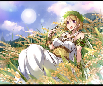 10s ajishio blush brown_hair dress head_wreath koizumi_hanayo laurel_wreath letterboxed looking_at_viewer love_live! love_live!_school_idol_festival love_live!_school_idol_project open_mouth purple_eyes short_hair sitting smile solo