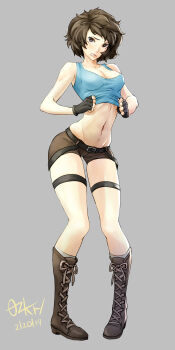 1girl absurdres alternate_costume bare_shoulders belt boots breasts brown_eyes brown_hair commentary_request commission cosplay dated embarrassed female_focus fingerless_gloves full_body gloves grey_background highres holding holding_unworn_clothes kawakami_sadayo lara_croft lara_croft_(cosplay) looking_at_viewer midriff navel ozkh persona persona_5 short_hair shorts signature simple_background solo standing tank_top tomb_raider