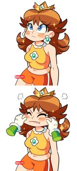 1girl absurdres angry annoyed bare_arms bare_shoulders blue_eyes blush breasts brown_hair cheek_pinching cheek_pull cheek_squash closed_eyes closed_mouth crop_top crown earrings english_text female_focus flower_earrings frown gloves hand_on_cheek highres jewelry long_hair luigi manysart1 mario_(series) mario_tennis medium_breasts midriff navel nintendo orange_shorts pinching pov princess_daisy shirt short_shorts shorts sleeveless soccer_uniform solo sparkle sportswear sweat white_gloves