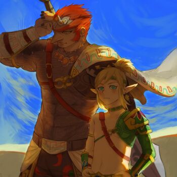 Rule 34 | 2boys, belt, big nose, black nails, blue eyes, cape, commentary request, dark-skinned male, dark skin, earrings, forehead jewel, ganondorf, grrr0111, headband, high ponytail, highres, jewelry, link, male focus, multiple boys, navel, nintendo, orange eyes, outdoors, pointy ears, ponytail, red hair, short hair, sky, standing, the legend of zelda, topless male