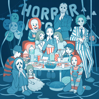 5girls 6+boys a_nightmare_on_elm_street the_addams_family annabelle_(annabelle) annabelle_(movie) balloon baseball_cap beetlejuice beetlejuice_(character) black_hair bottle character_request chucky copyright_request couch damien_(the_omen) doll english_text food freddy_krueger friday_the_13th ghostface grady_sisters_(the_shining) green_hair grey_hair hat highres hockey_mask hood hood_up it_(stephen_king) jack-o&#039;-lantern jason_voorhees lantern long_sleeves mask multiple_boys multiple_girls open_mouth overalls pennywise pizza popcorn puffy_short_sleeves puffy_sleeves red_eyes scream_(movie) shirt short_sleeves sitting smile striped_clothes striped_shirt table the_omen the_shining wednesday_addams yoshimon