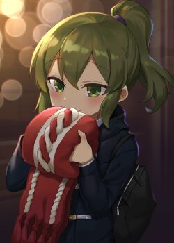 1girl absurdres bag black_coat closed_mouth coat commentary_request fringe_trim green_eyes green_hair hair_between_eyes hands_up highres holding holding_unworn_clothes holding_unworn_scarf hood hood_down hooded_coat igarashi_futaba ponytail red_scarf scarf senpai_ga_uzai_kouhai_no_hanashi smile solo unworn_scarf upper_body xuan_chu