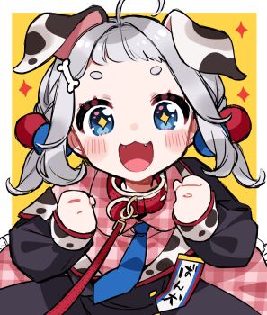 1girl :3 absurdres ahoge animal_collar animal_ears blue_eyes blush border clenched_hands collar dalmatian dog_ears dot_nose grey_hair hair_bobbles hair_ornament hands_up happy highres indie_virtual_youtuber inukai_omochi kurihara_sakura lapels leaning_forward leash long_sleeves looking_at_viewer medium_hair open_mouth outside_border red_collar red_trim short_bangs short_eyebrows solo sparkle sparkling_aura swept_bangs unfinished unmoving_pattern upper_body viewer_holding_leash white_border yellow_background