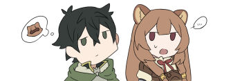 Rule 34 | ..., 1boy, 1girl, animal ear fluff, animal ears, armor, black hair, blunt bangs, breastplate, brown armor, brown hair, cloak, closed mouth, collared dress, collared shirt, commentary request, deformed, double-parted bangs, dress, fur-trimmed hood, fur trim, green cloak, green eyes, grey armor, high collar, hood, hood down, hooded cloak, leather armor, long hair, looking at another, looking to the side, messy hair, metal hair tubes, neck ribbon, nimi (vjej7357), open mouth, pauldrons, raccoon ears, raccoon girl, raph-chan, red eyes, red ribbon, ribbon, shirt, short hair, shoulder armor, simple background, single pauldron, speech bubble, straight hair, sweatdrop, tate no yuusha no nariagari, thought bubble, white background, white dress