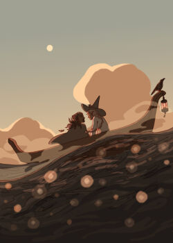 2boys black_hair boat braid cloud dark-skinned_male dark_skin golden_hour highres looking_at_another multiple_boys non-web_source outdoors pointy_ears single_braid softmeals taako_(the_adventure_zone) taz_kravitz_(the_adventure_zone) the_adventure_zone watercraft