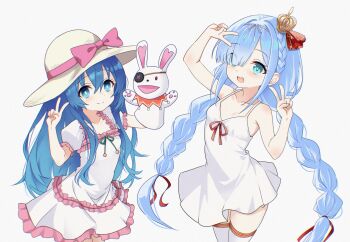 2girls :d aqua_eyes azur_lane blue_eyes blue_hair bow braid breasts commentary crown danraz0r date_a_live double_v dress english_commentary flat_chest frilled_dress frills hand_puppet hands_up hat hat_bow highres himekawa_yoshino janus_(azur_lane) long_hair looking_at_viewer low_twin_braids mini_crown multiple_girls open_mouth puppet rabbit_puppet short_dress simple_background sleeveless sleeveless_dress small_breasts smile sun_hat thighhighs twin_braids v very_long_hair white_background white_dress white_thighhighs yoshinon