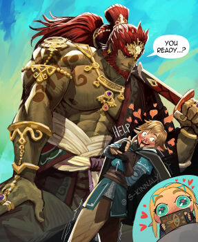 1girl 2boys abs absurdres artist_name baggy_pants beard biceps bisexual_male blonde_hair blood blue_sky colored_skin crown earrings facial_hair ganondorf green_skin heart heart-shaped_pupils highres holding holding_sword holding_weapon implied_bisexual japanese_clothes jewelry katana kimono large_pectorals link long_hair looking_to_the_side multiple_boys muscular muscular_arms muscular_male nervous nintendo nipples nosebleed pants pectorals pointy_ears ponytail princess_zelda red_eyes red_hair sara_kinnaly sheikah_slate short_hair shoulder_tattoo sign_language sky smirk speech_bubble sword symbol-shaped_pupils tattoo the_legend_of_zelda the_legend_of_zelda:_tears_of_the_kingdom thick_eyebrows trembling twitter_username weapon