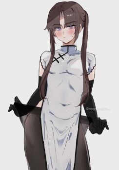 Rule 34 | 1boy, absurdres, ayase ayato (imamiya pinoko), black gloves, black pantyhose, brown hair, china dress, chinese clothes, closed mouth, clothes pull, commentary request, crossdressing, crossdressing (mtf), dress, elbow gloves, gloves, grey background, grey dress, highres, imamiya pinoko, long hair, looking at viewer, male focus, original, pantyhose, pantyhose pull, purple eyes, short sleeves, simple background, solo, sweatdrop, translation request, twintails, twitter username