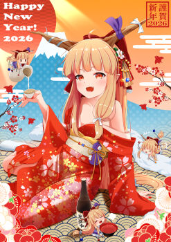 Rule 34 | +++, 2026, 4girls, absurdres, alcohol, alternate costume, bird, blonde hair, blush, bottle, bow, breasts, brown horns, clone, collarbone, commentary request, cup, drunk, egasumi, fang, floral print, flower, hair bow, hair flower, hair ornament, happy new year, highres, holding, holding cup, horn ornament, horn ribbon, horns, ibuki suika, japanese clothes, kimono, long hair, long sleeves, looking at viewer, mini person, minigirl, mount fuji, multiple girls, new year, obi, obiage, obijime, off shoulder, oni, open mouth, orange eyes, pointy ears, pouring, print kimono, red kimono, red nails, rense 1010 (number nanashi), ribbon, sake, sake bottle, sash, seigaiha, sitting, small breasts, smile, touhou, translation request, very long hair, wide sleeves