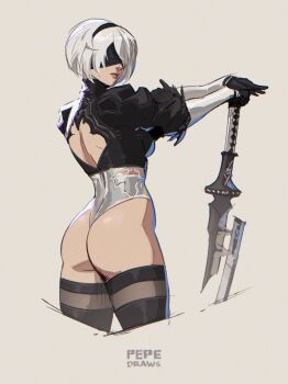 1girl 2b_(nier:automata) ass back_cutout black_gloves black_hairband black_thighhighs blindfold boots breasts clothing_cutout covered_eyes feather-trimmed_sleeves feather_trim from_behind gloves hairband highres juliet_sleeves leotard long_sleeves mole mole_under_mouth nier:automata nier_(series) pepedraws puffy_sleeves short_hair solo thighhighs thighhighs_under_boots weapon white_hair white_leotard
