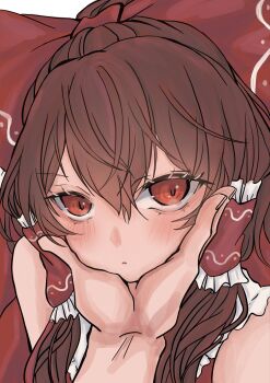 0917yuka black_hair blush bow brown_hair frills hair_ornament hakurei_reimu hand_on_another&#039;s_chin highres japanese_clothes large_bow looking_at_viewer miko red_eyes staring touhou