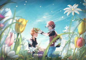 Rule 34 | 2boys, baseball cap, black hair, black shirt, blue oak, blue pants, blue sky, brown eyes, brown hair, commentary request, flower, hat, head wreath, highres, holding, jacket, male focus, multiple boys, nintendo, outdoors, pants, pokemon, pokemon frlg, purple pants, red (pokemon), red hat, shirt, shiruko (s1ruko), short hair, short sleeves, sky, spiked hair, wristband, yellow bag
