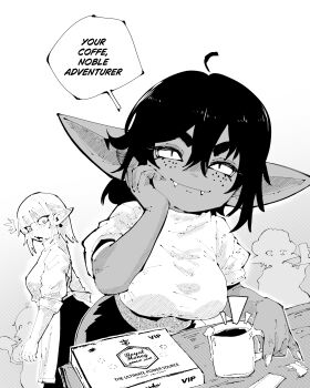 2girls ahoge breasts closed_mouth coffee coffee_mug commentary cup double-parted_bangs english_commentary english_text female_goblin freckles goblin greyscale hair_between_eyes hand_on_own_cheek hand_on_own_face hatching_(texture) highres holding holding_cup large_breasts linear_hatching looking_at_viewer miregeist monochrome mug multiple_girls original people pointy_ears serving shirt short_hair simple_background slit_pupils smile solo_focus speech_bubble talking typo white_background
